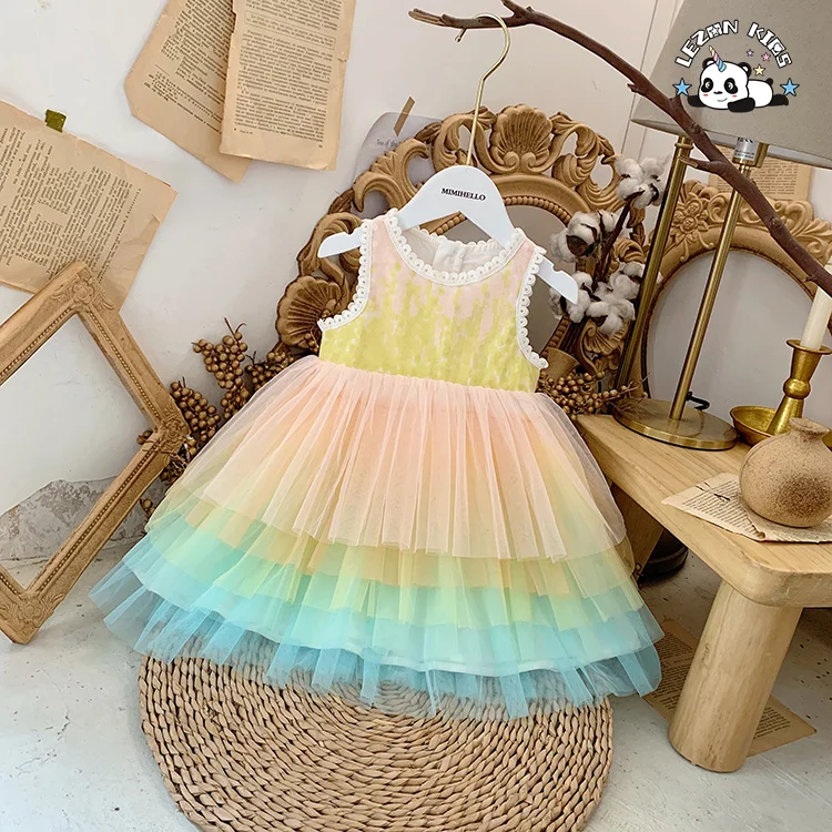 LEZONKIDS - OEM Girls Mesh Rainbow Tutu Dress Kids Sequin Mesh Party Dress Evening Party Princess Dress for Kids